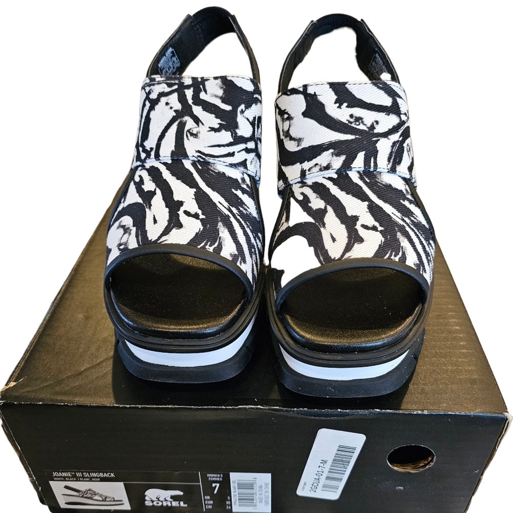 Sorel Joanie III Slingback Wedge Sandals Black White Zebra Print Size 7 NEW - Picture 3 of 12
